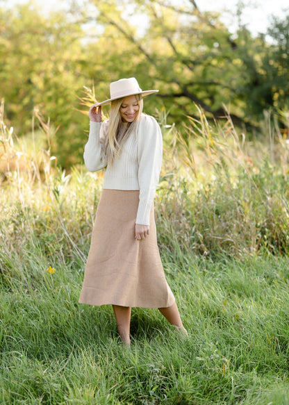 Camel Ribbed A Line Knit Midi Skirt - FINAL SALE FF Skirts