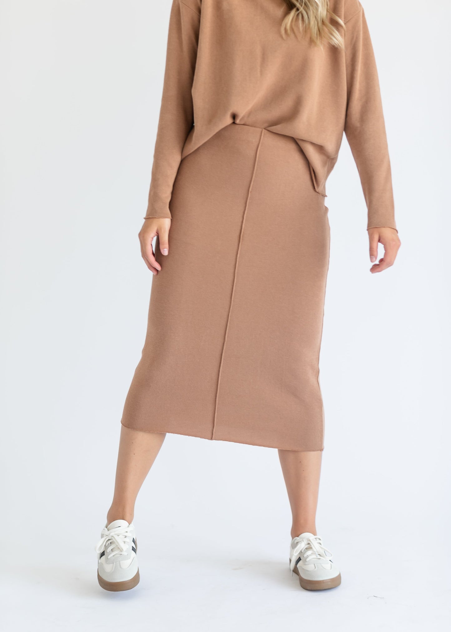 Camel Ribbed Knit Set Midi Skirt FF Skirts