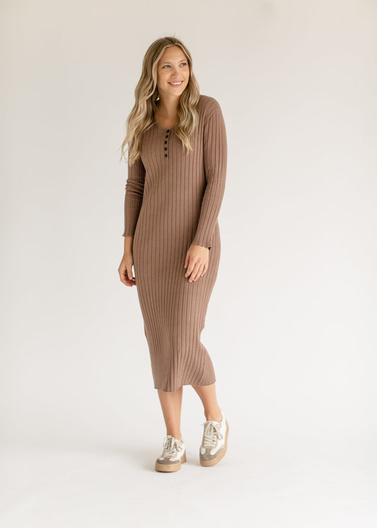 Cassie Quarter Button Knit Midi Dress IC Dresses Brown / XS