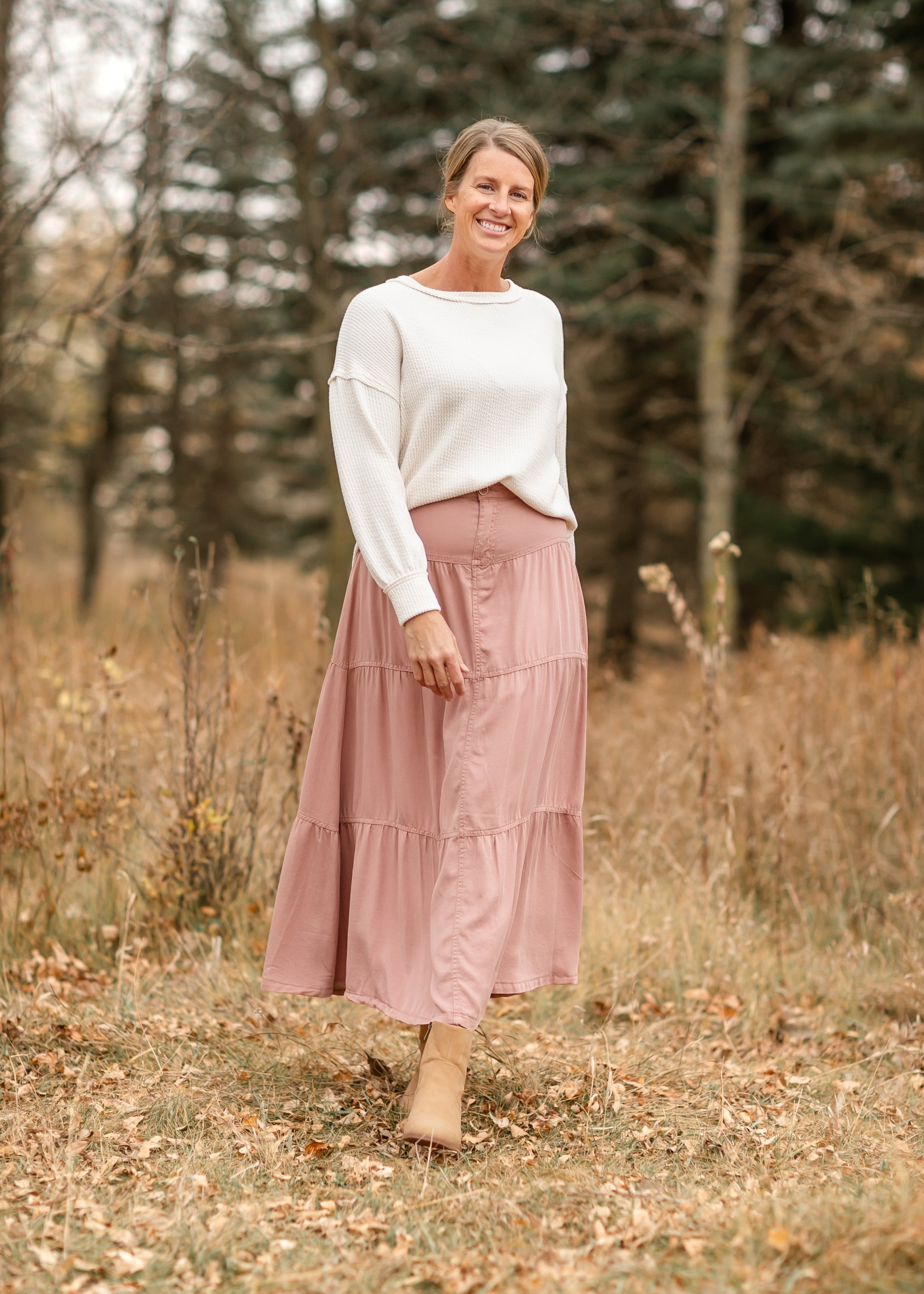 Chambray Tiered Colored Denim Skirt FF Skirts Mauve / S