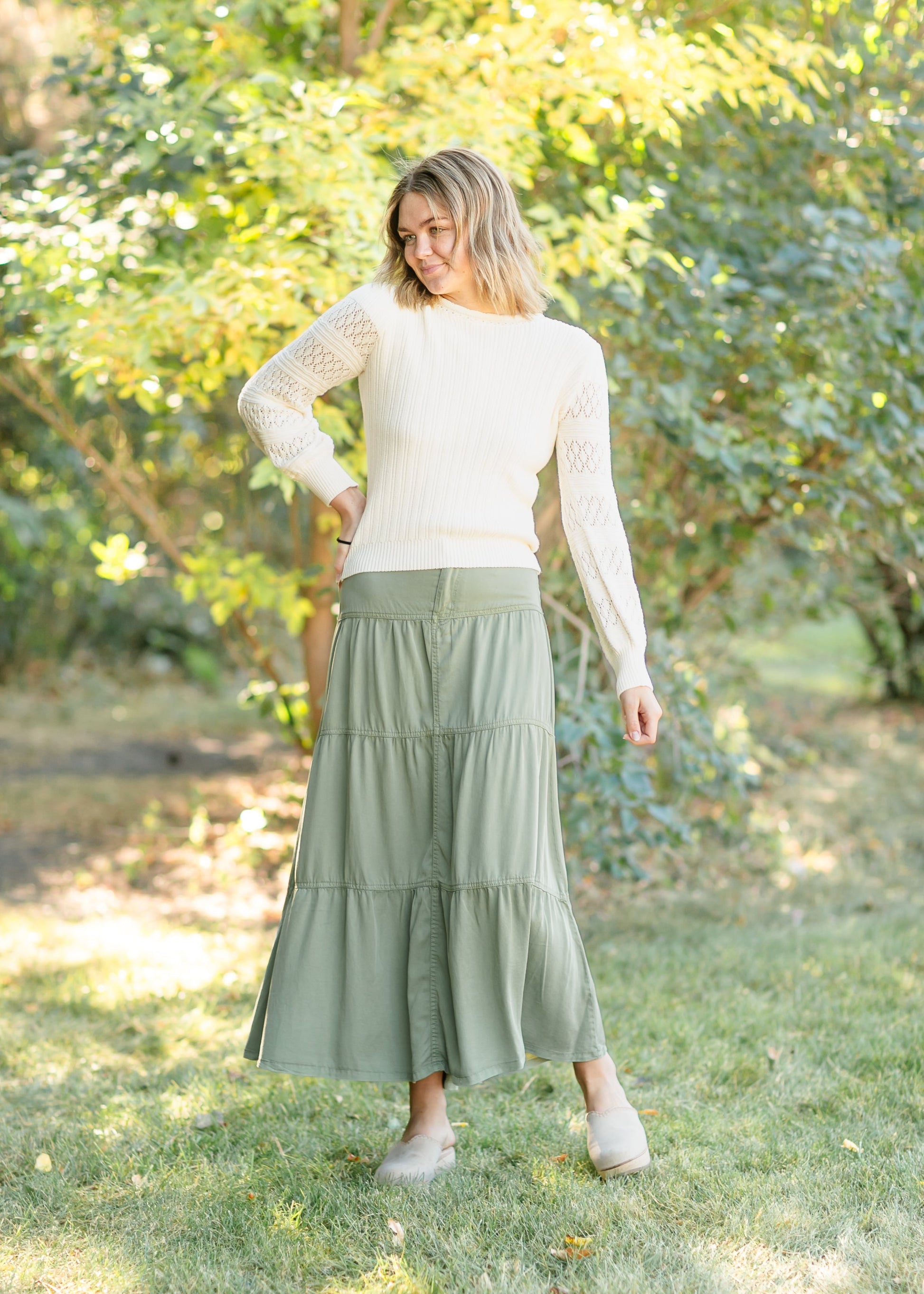 Chambray Tiered Colored Denim Skirt FF Skirts Sage / S