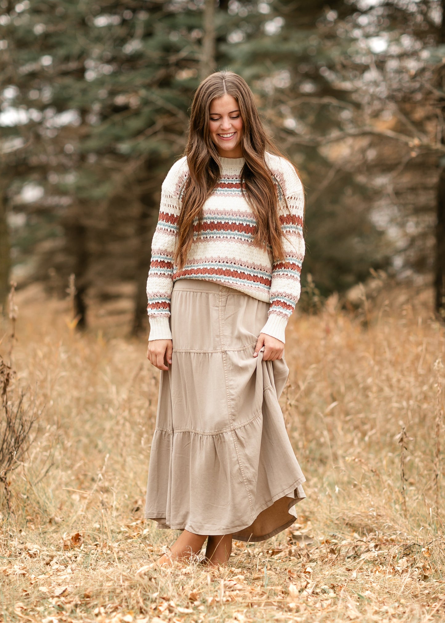 Chambray Tiered Colored Denim Skirt FF Skirts Taupe / S