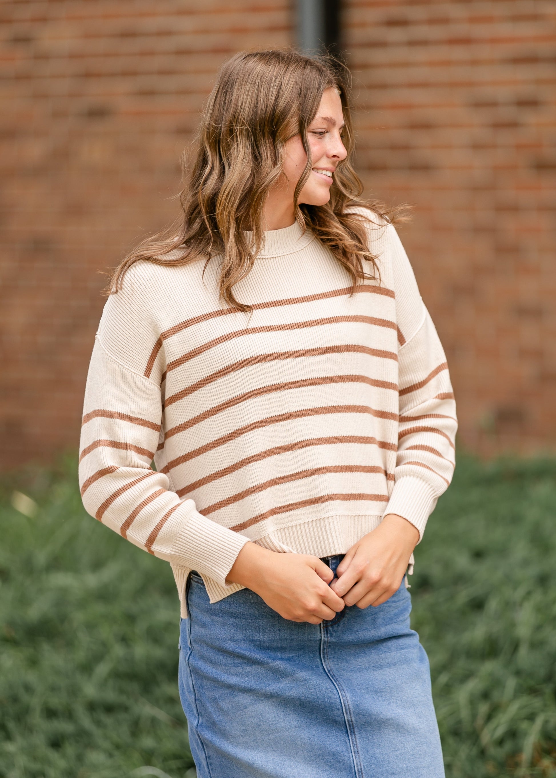 Charlene Striped Drop Shoulder Crewneck Sweater IC Tops