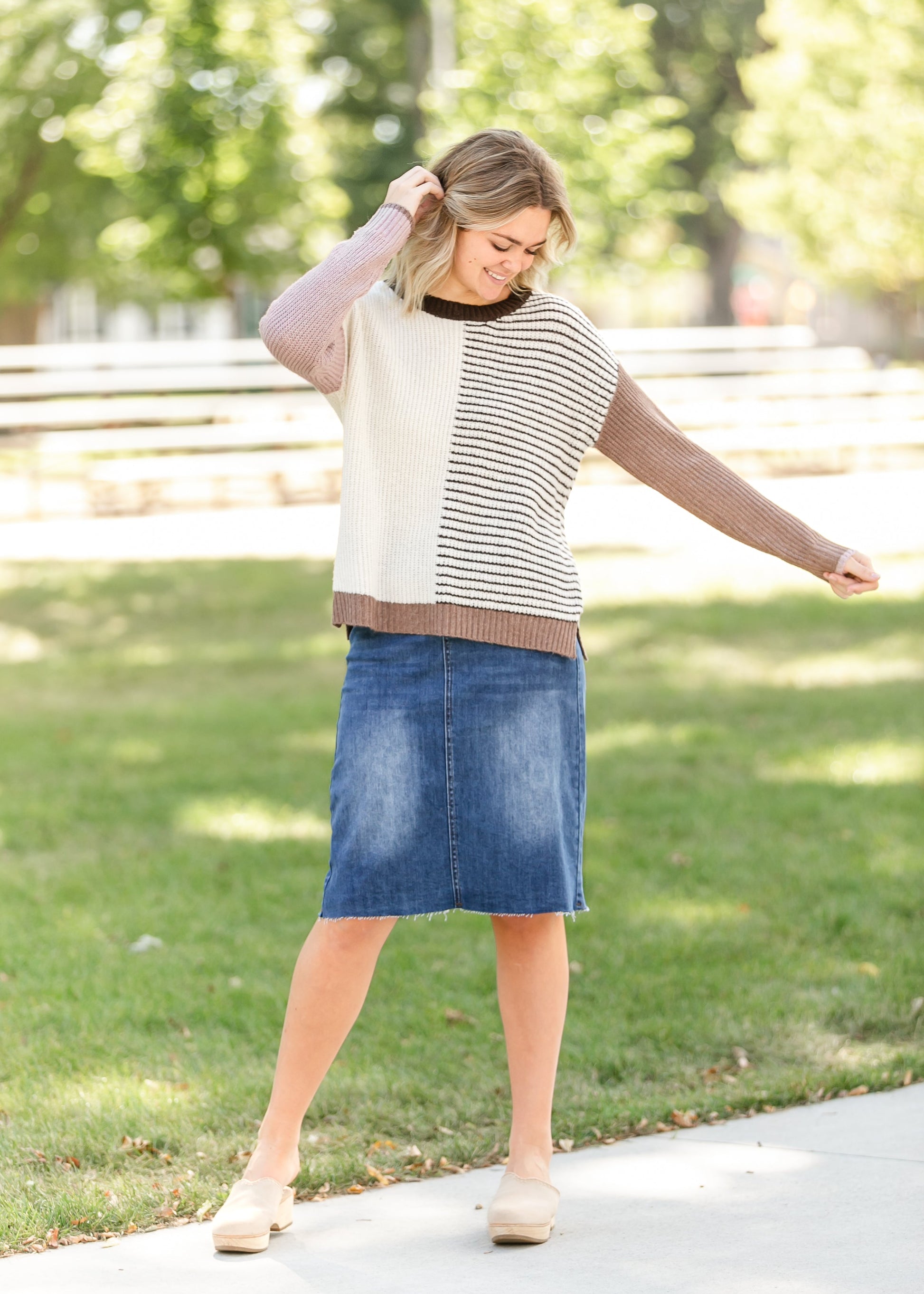 Color Block Striped Crewneck Sweater FF Tops