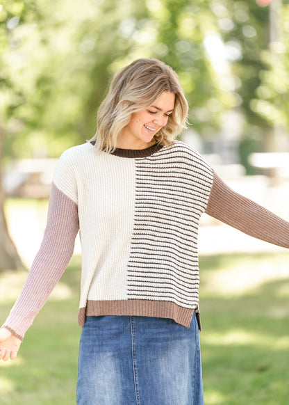 Color Block Striped Crewneck Sweater FF Tops