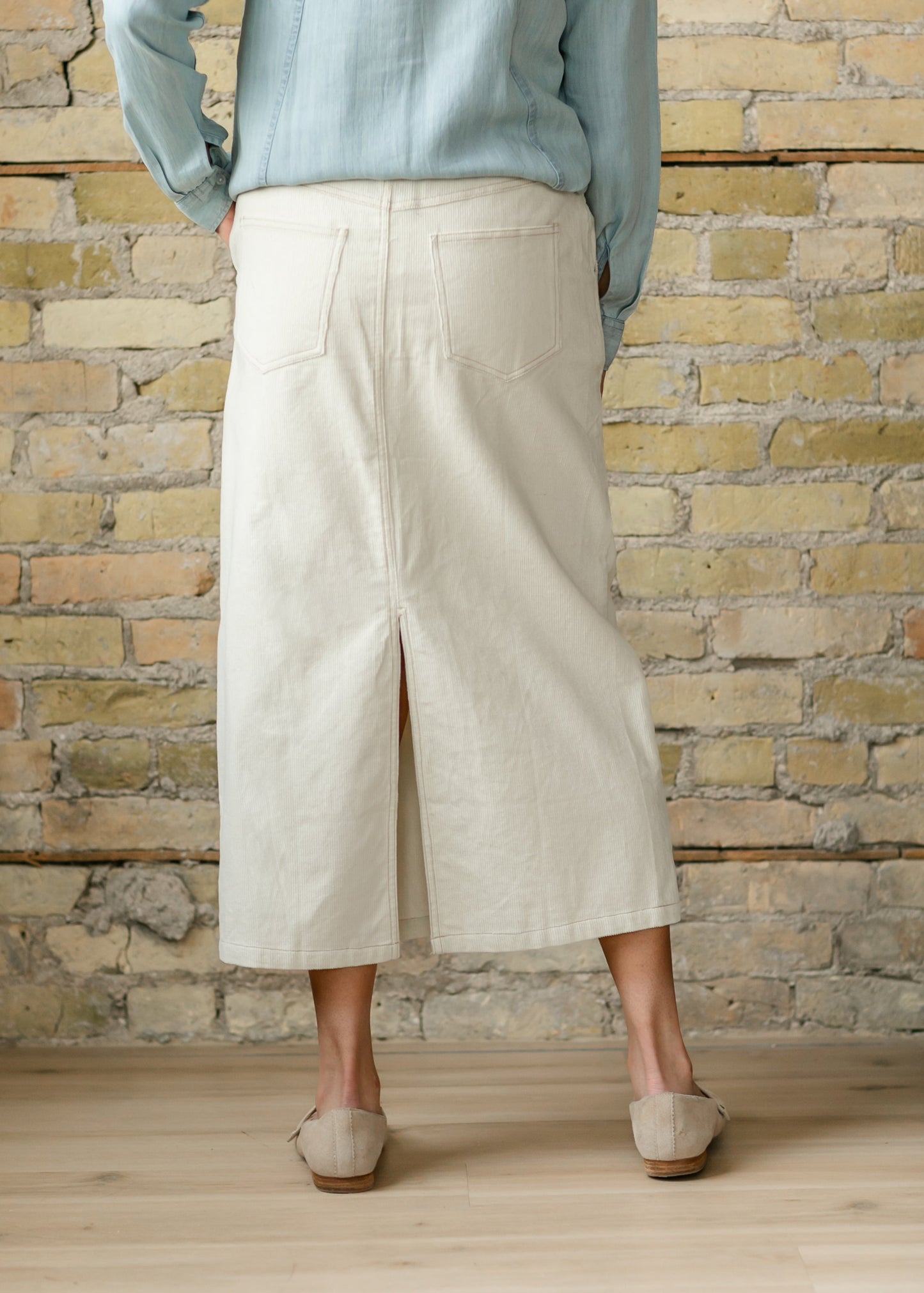 Corduroy Cream Back Slit Midi Skirt FF Skirts