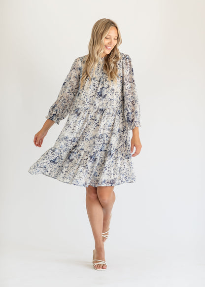 Cream Printed Midi Long Sleeve Dress FF Dresses