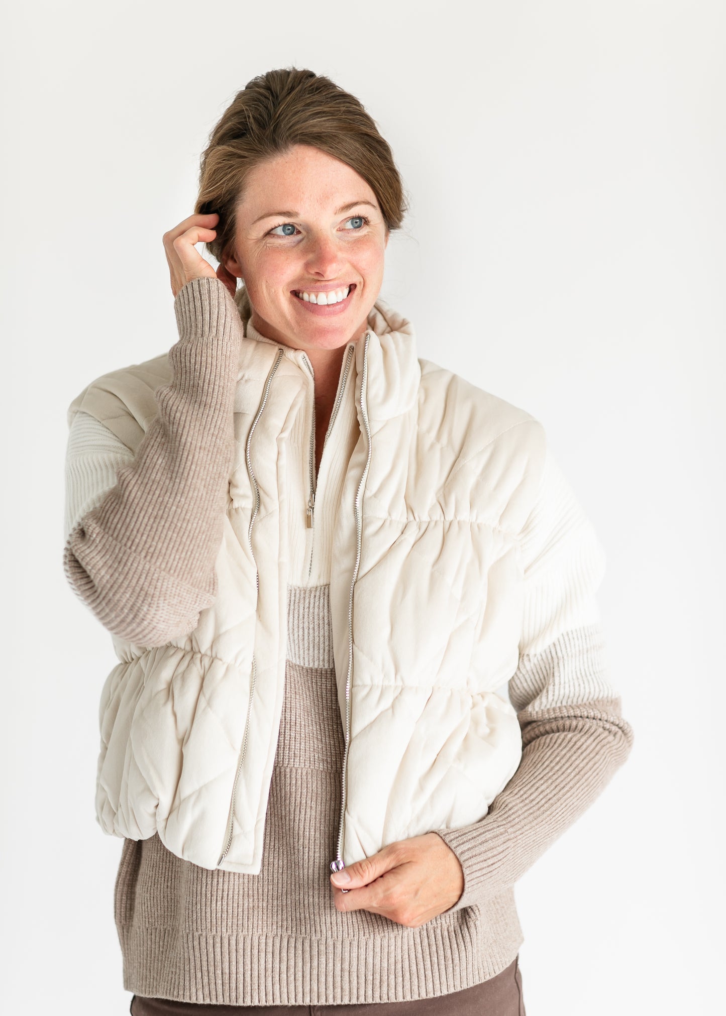 Cream Velour Quilted Vest FF Tops