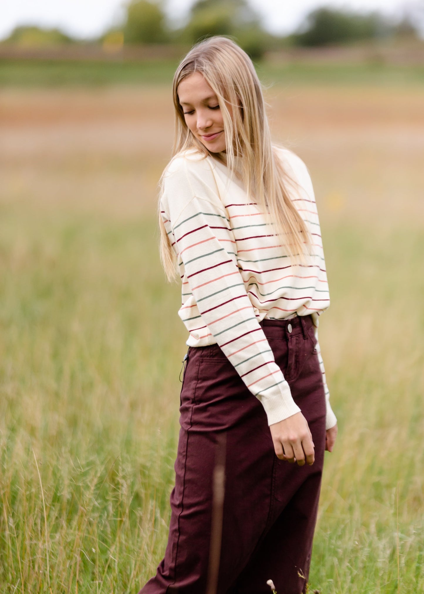 Crew Neck Striped Long Sleeve Sweater FF Tops