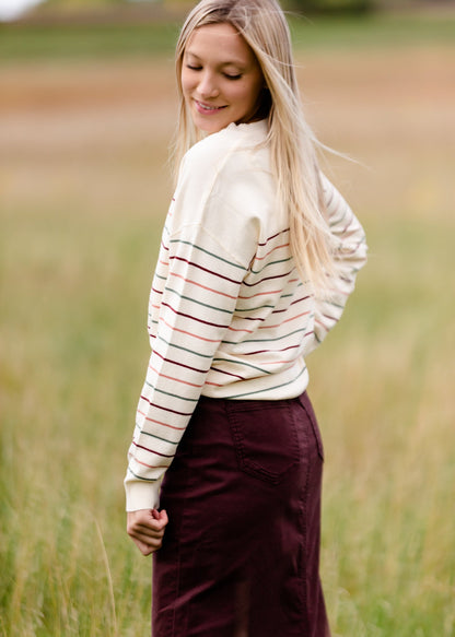 Crew Neck Striped Long Sleeve Sweater FF Tops