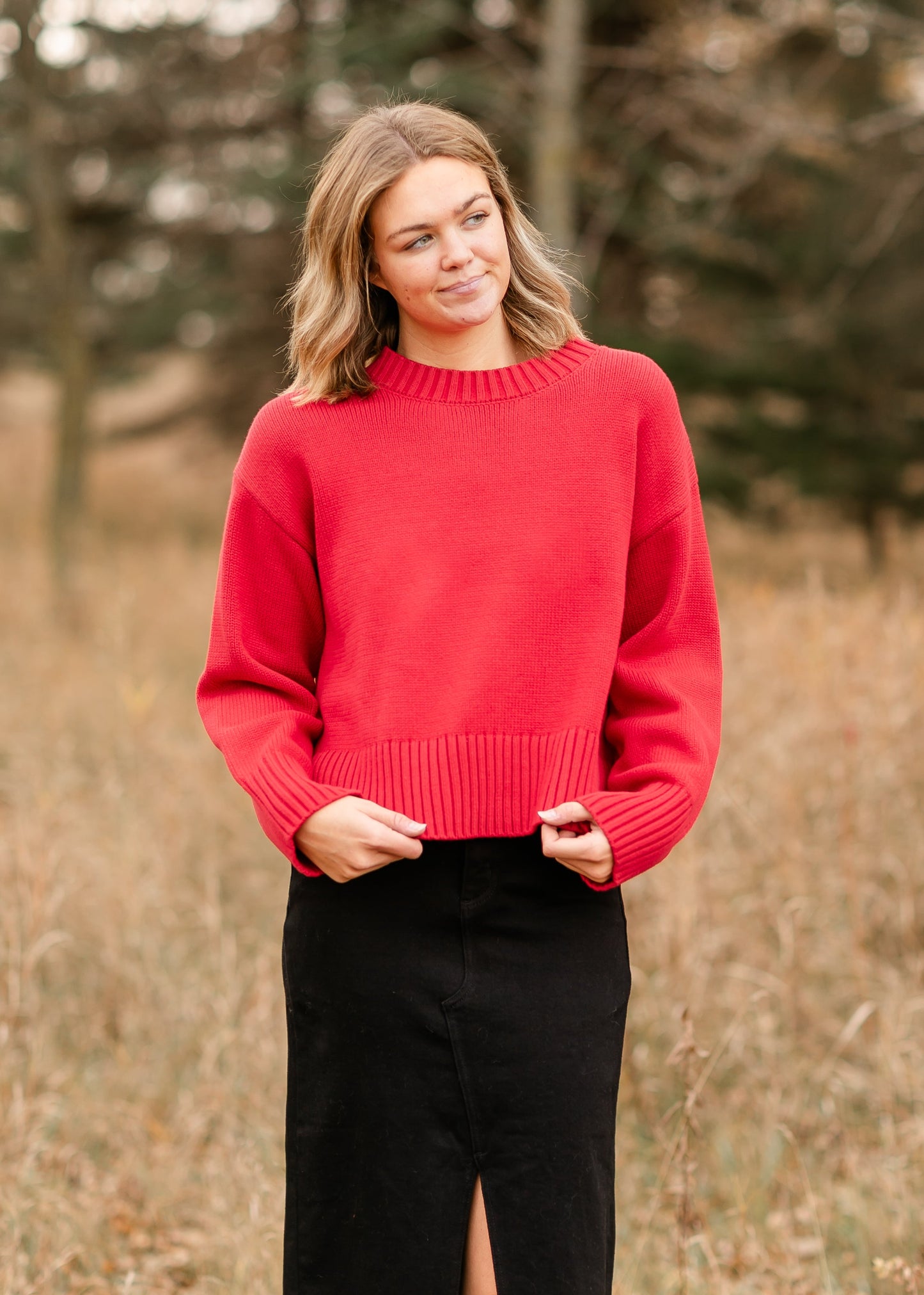 Crewneck Cherry Red Knit Sweater FF Tops