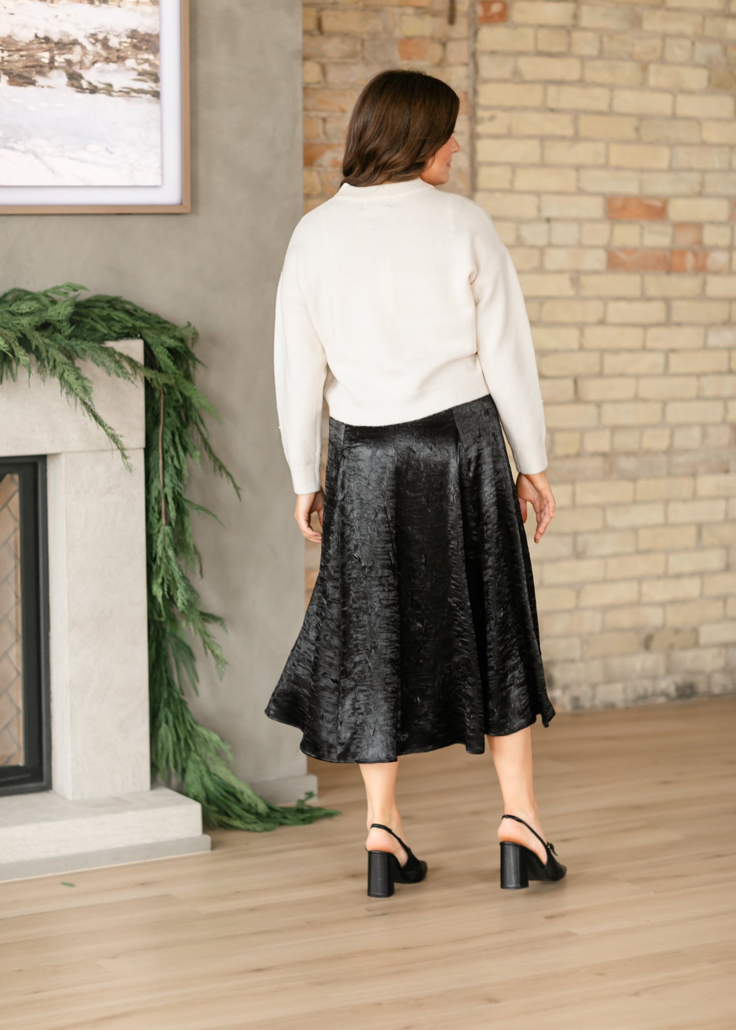 Crinkle Satin Black A-line Skirt FF Skirts