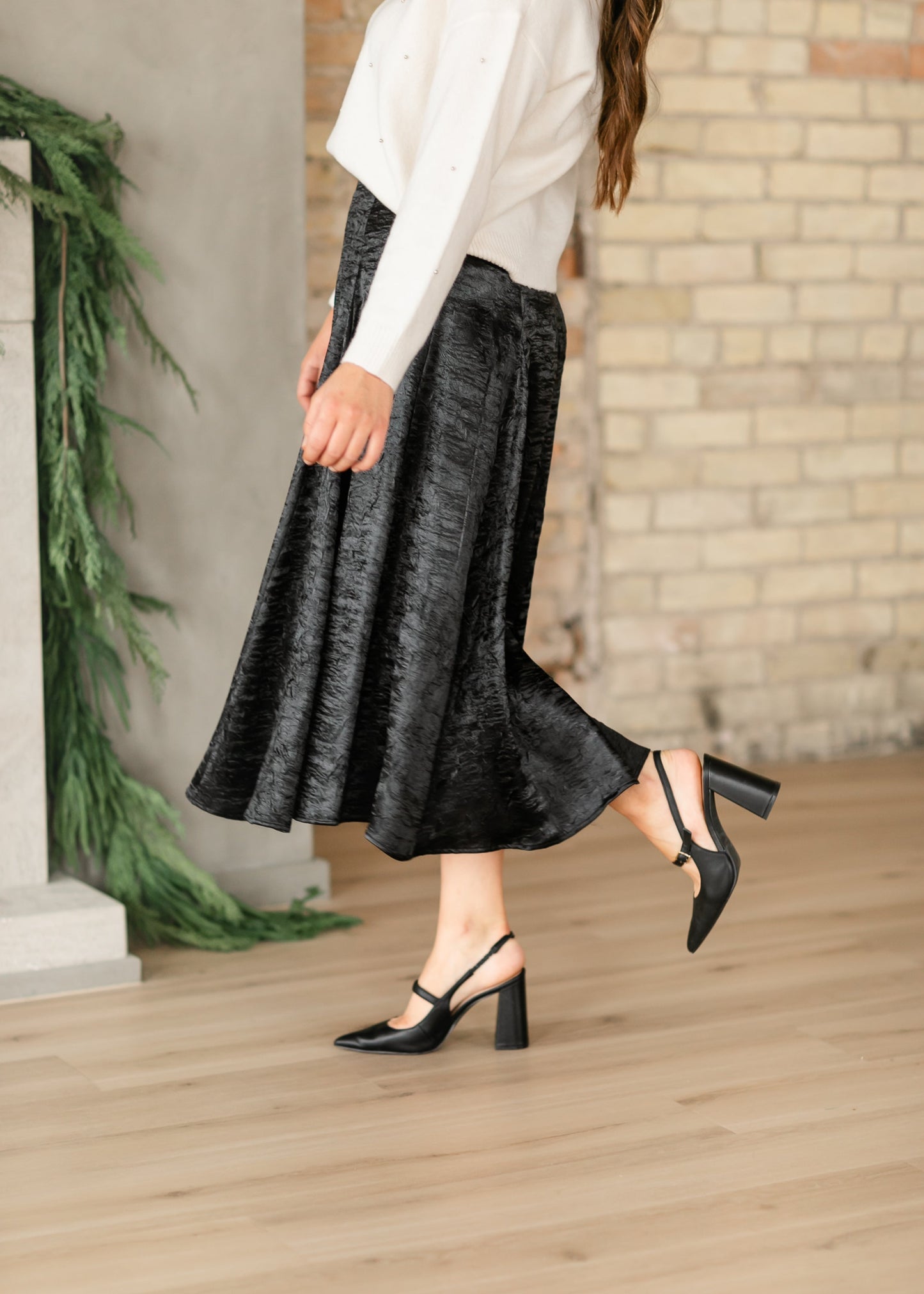 Crinkle Satin Black A-line Skirt FF Skirts