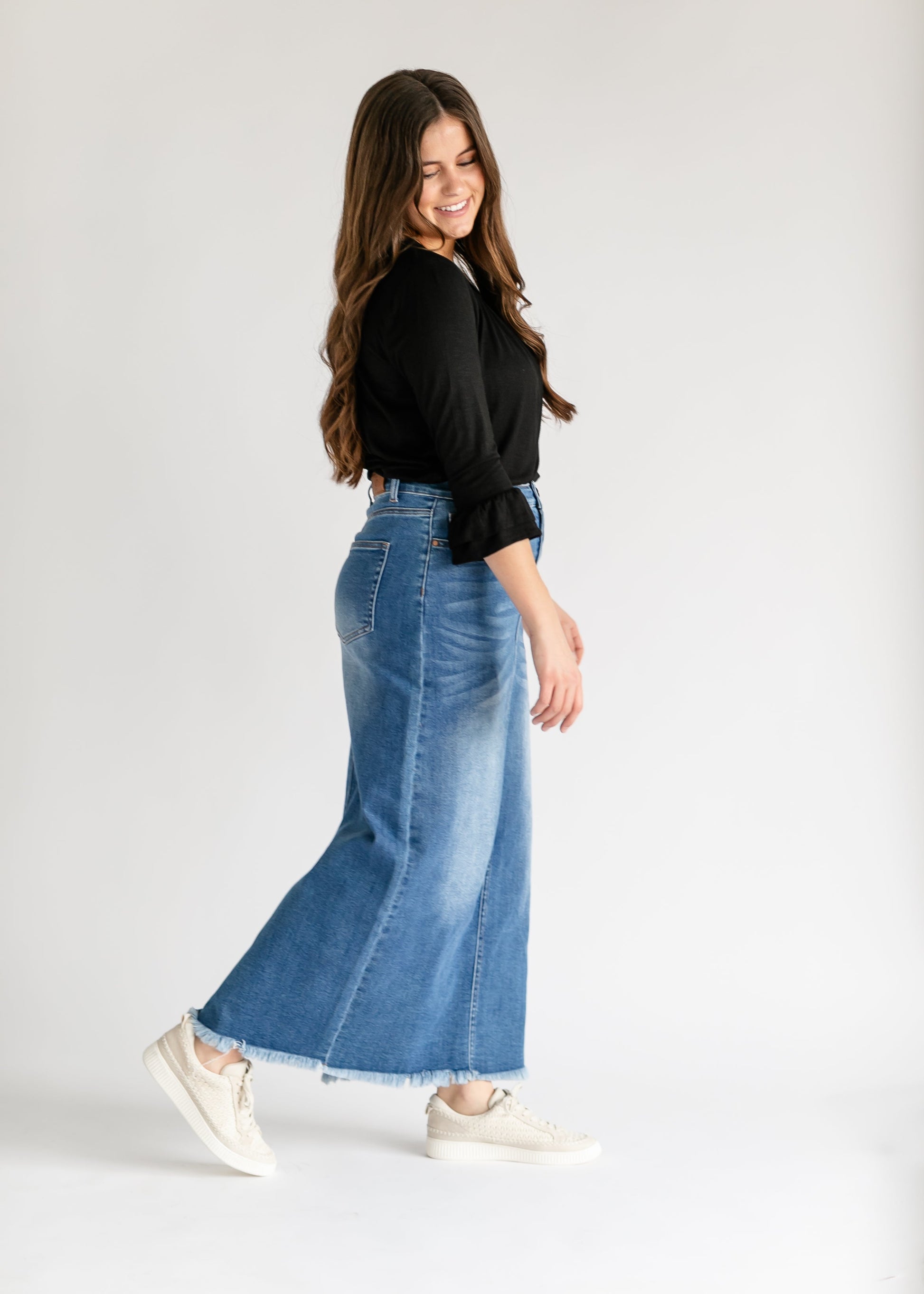 Dakotah Raw Hem Long Denim Skirt IC Skirts