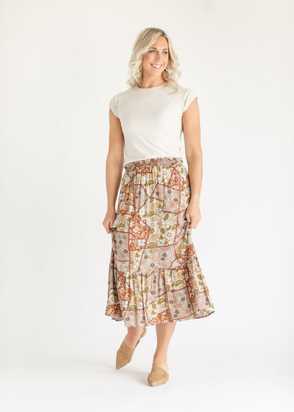 Daphne Patchwork Floral Ruffle Maxi Skirt FF Skirts