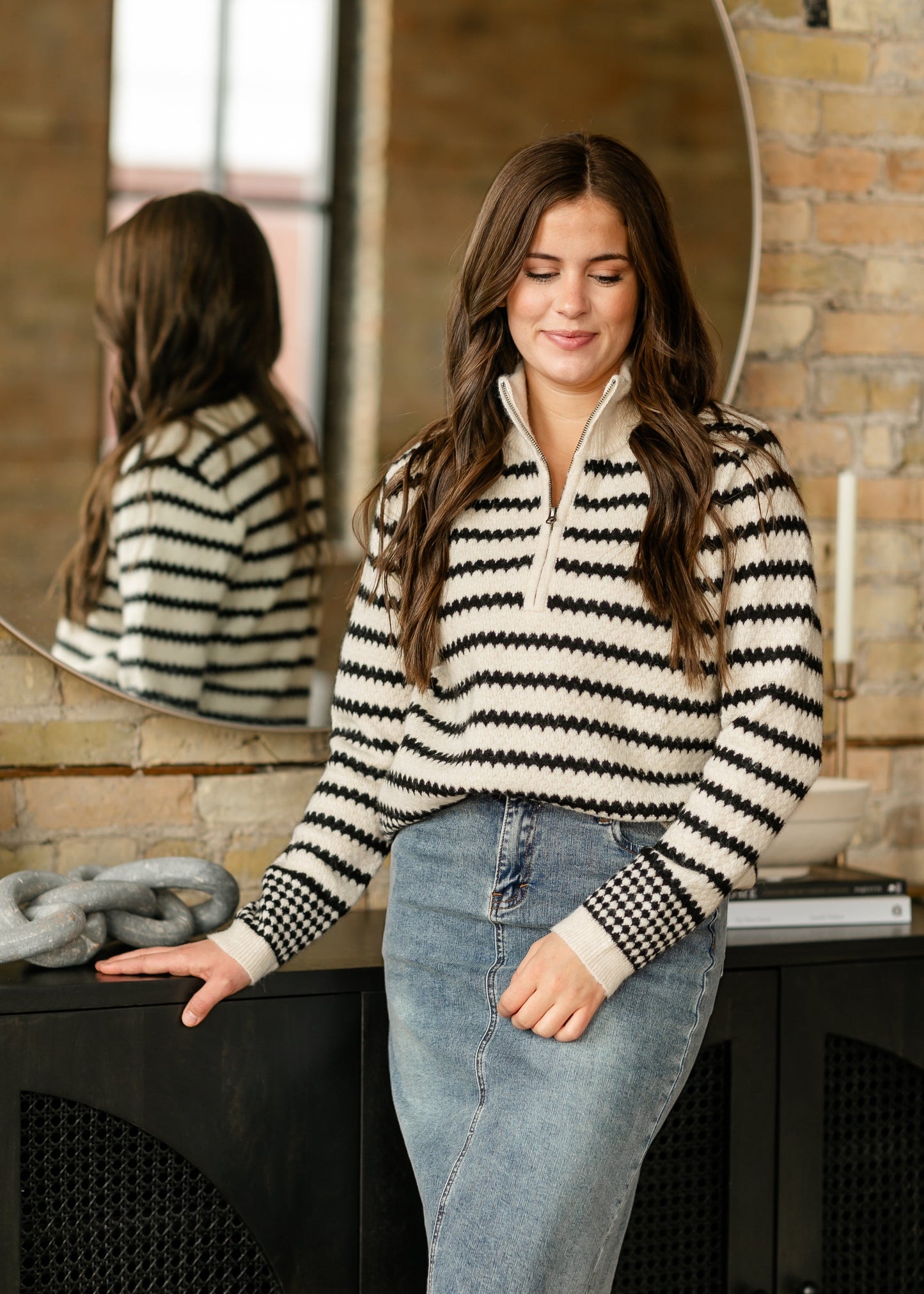 Delina Geo Stripe Quarter Zip Sweater FF Tops