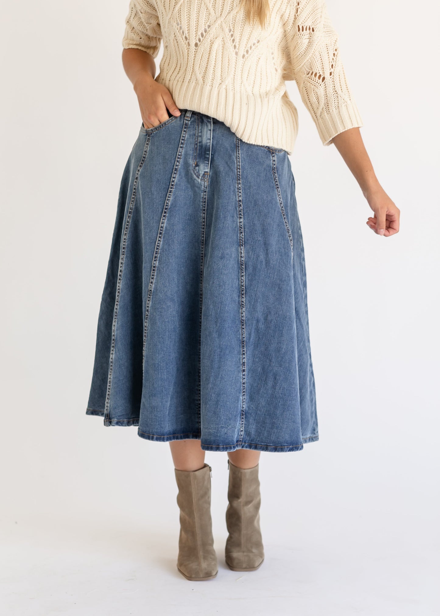 Denim Flared A-line Midi Skirt FF Skirts