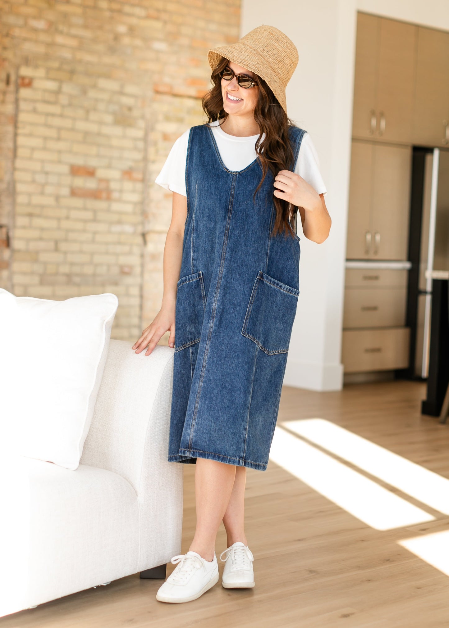 Denim V-neck Overall Midi Dress FF Dresses