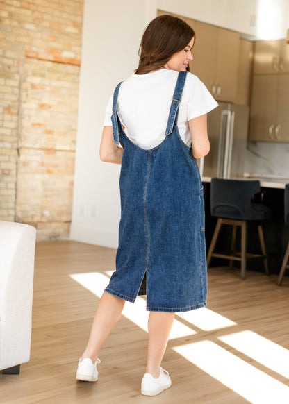 Denim V-neck Overall Midi Dress FF Dresses