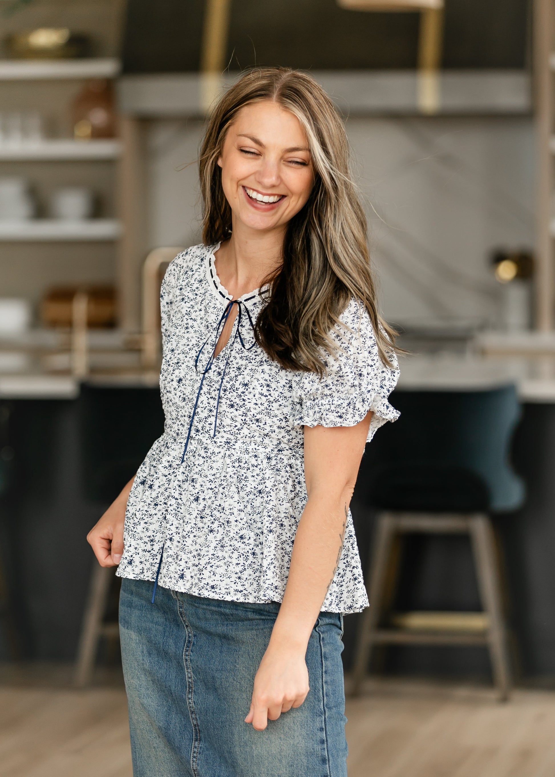 Ditsy Floral Eyelet Trim Top FF Tops