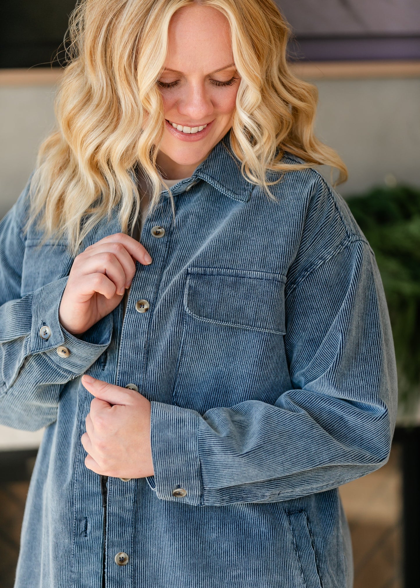 Dolly Corduroy Slate Blue Shacket FF Tops