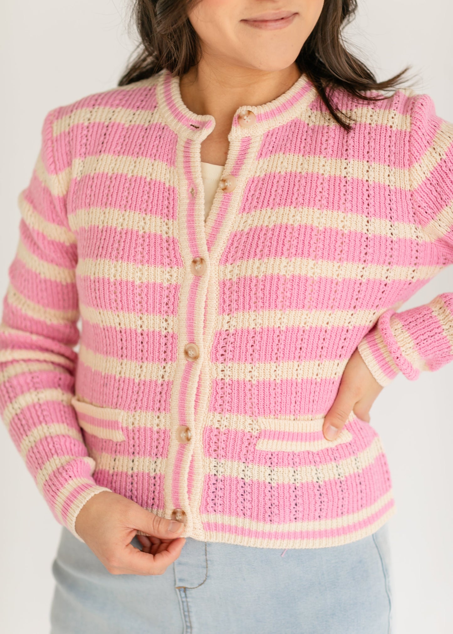 Edolie Pink Striped Button Up Cardigan FF Tops