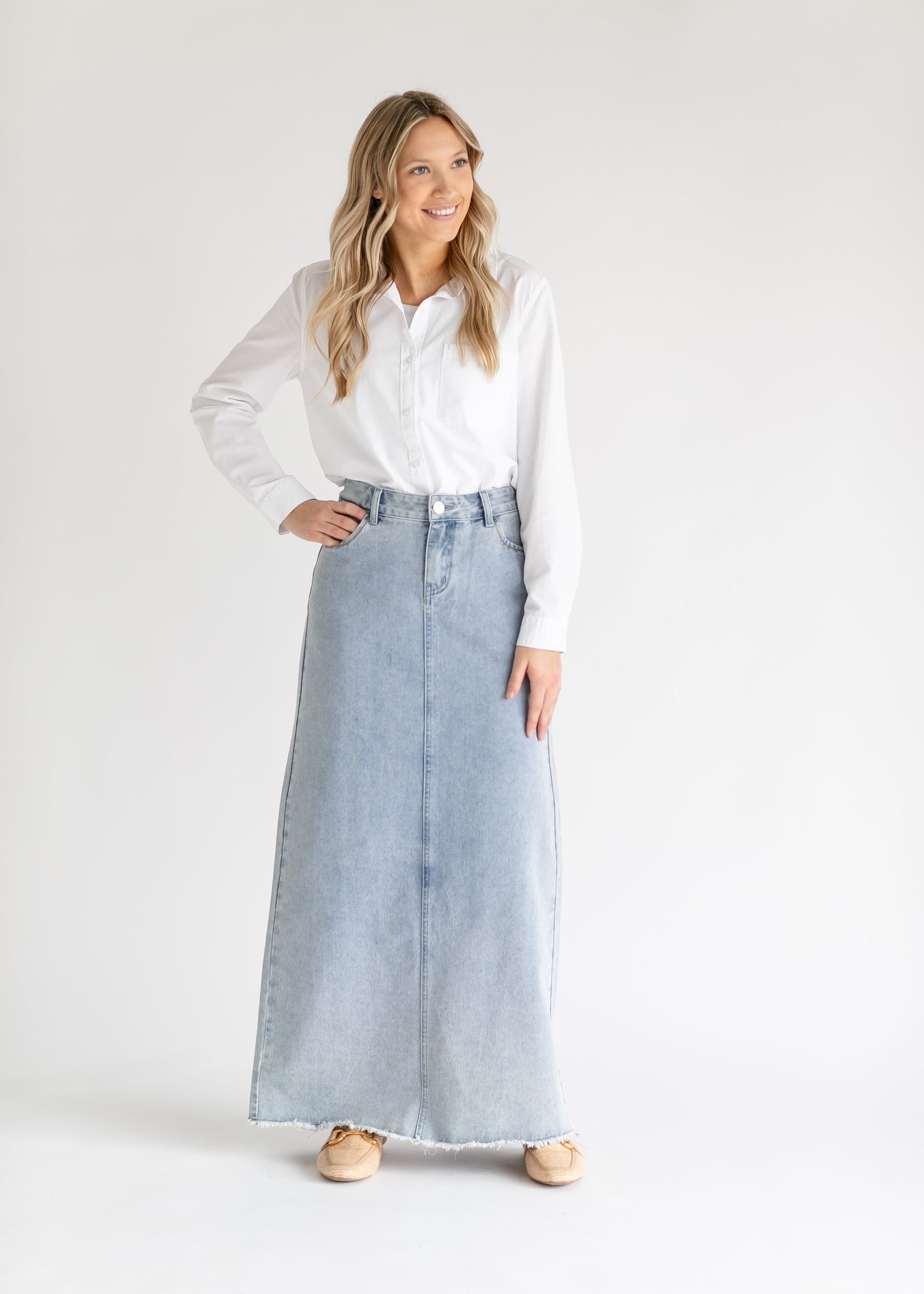 Elisha Light Wash Long Denim Skirt IC Skirts