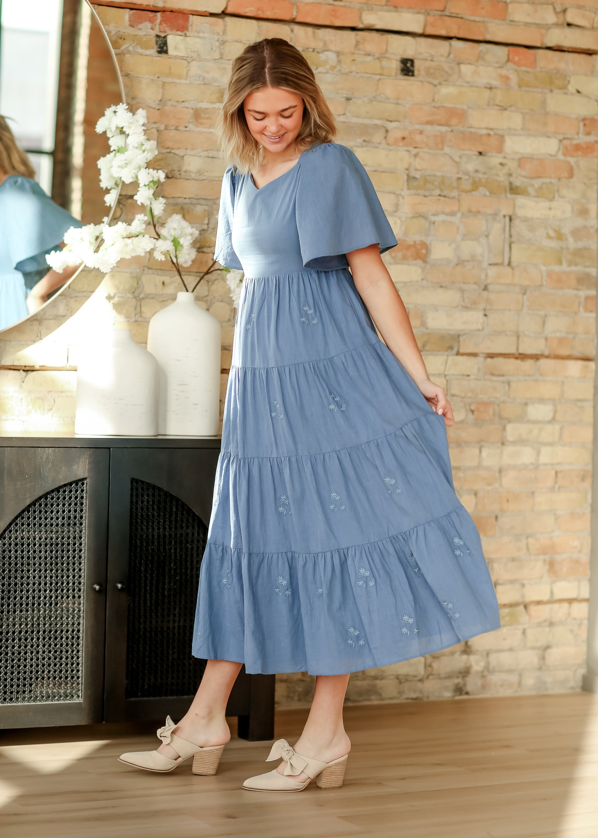 Embroidered Blue Flutter Sleeve Dress FF Dresses