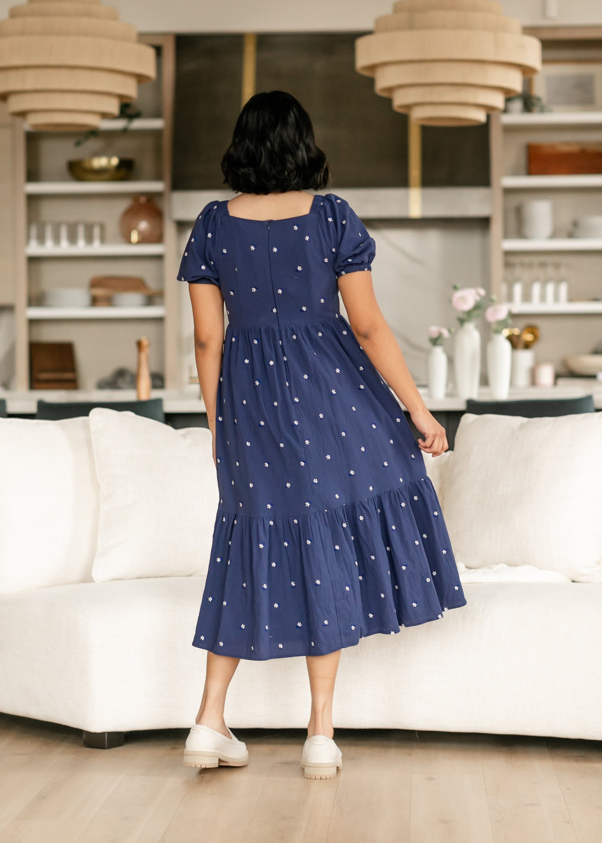 Embroidered Navy Square Neck Dress FF Dresses