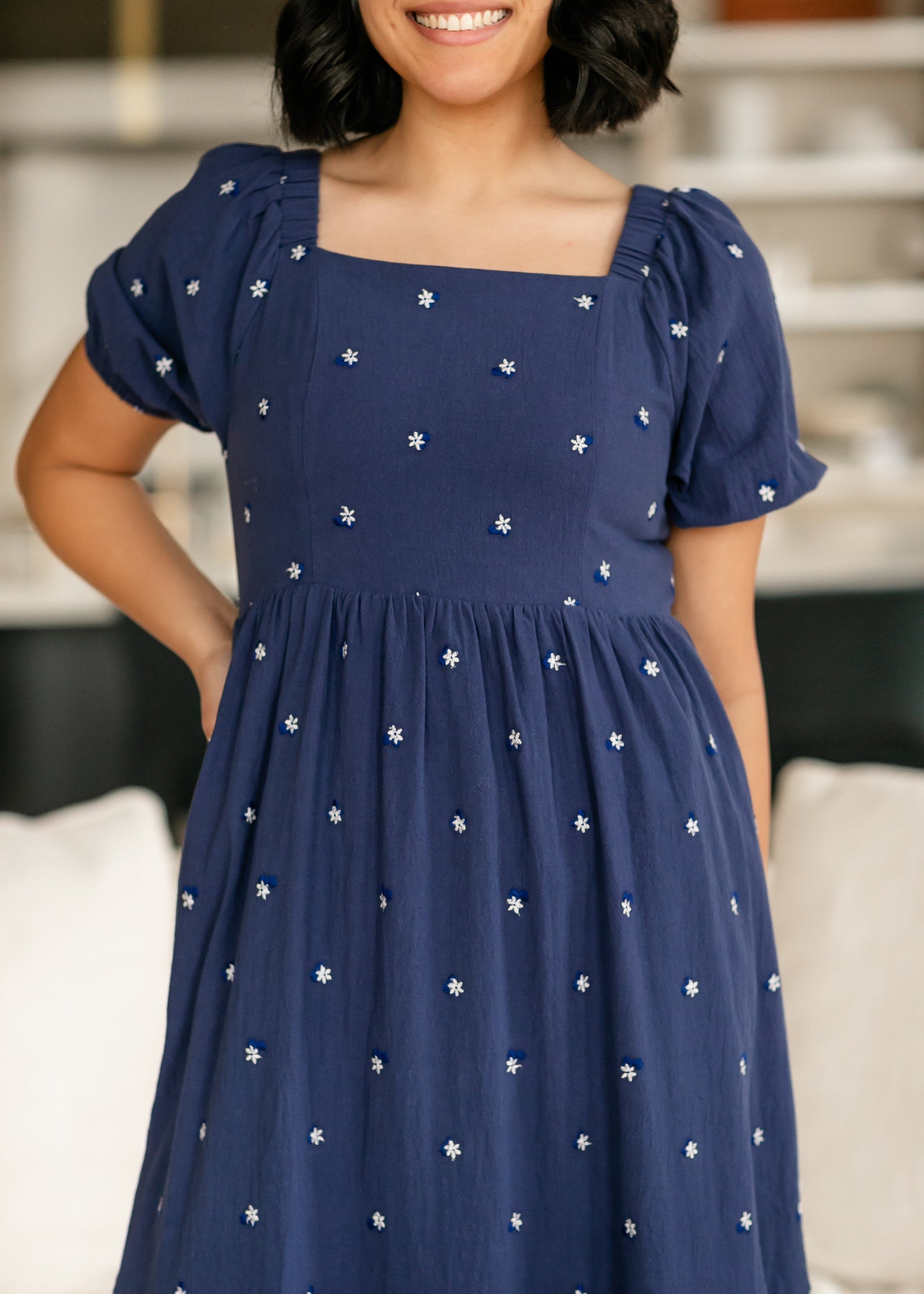 Embroidered Navy Square Neck Dress FF Dresses