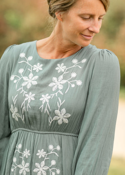 Embroidered Round Neck Long Sleeve Midi Dress FF Dresses