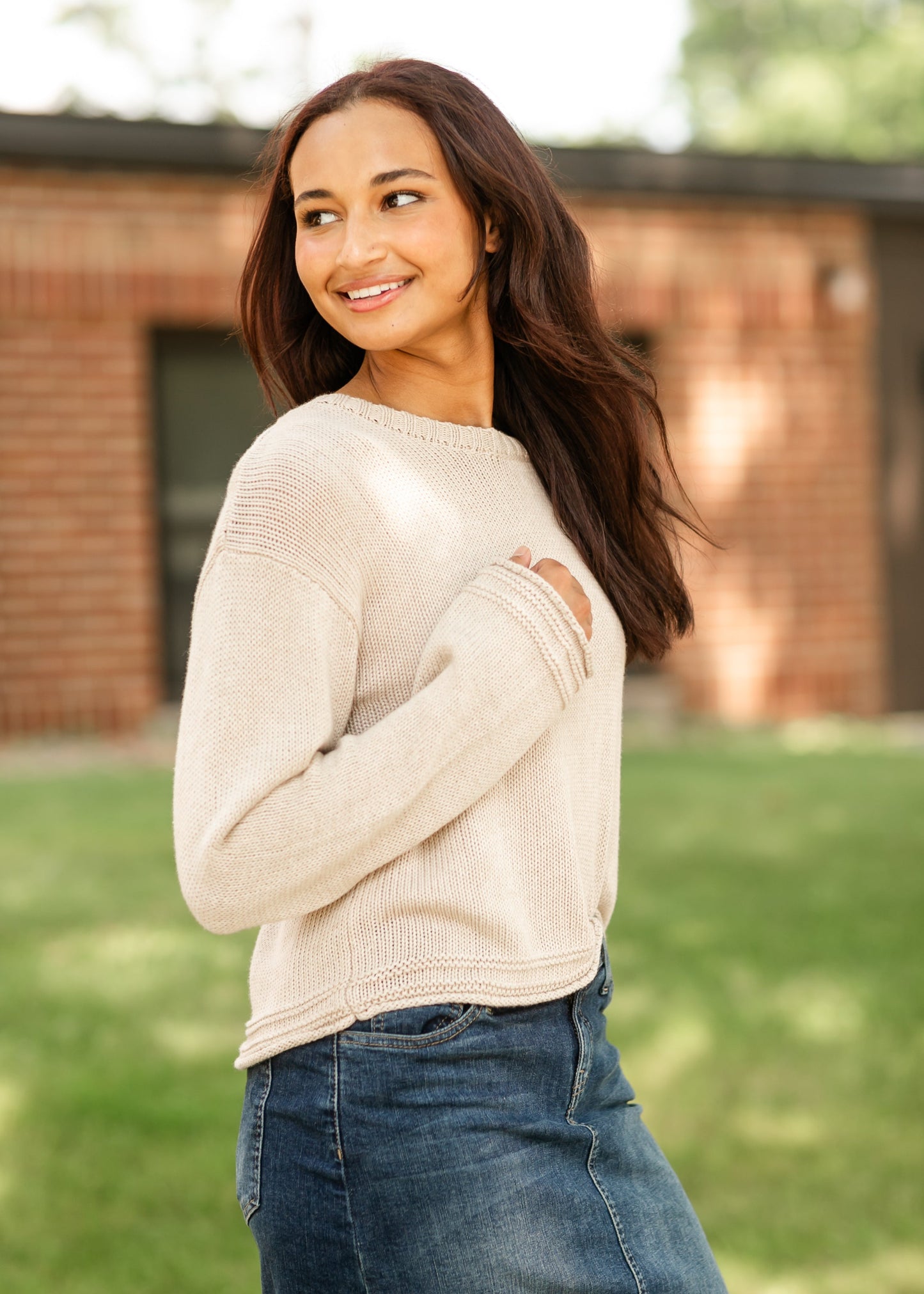 Emerson Heather Knit Long Sleeve Sweater FF Tops