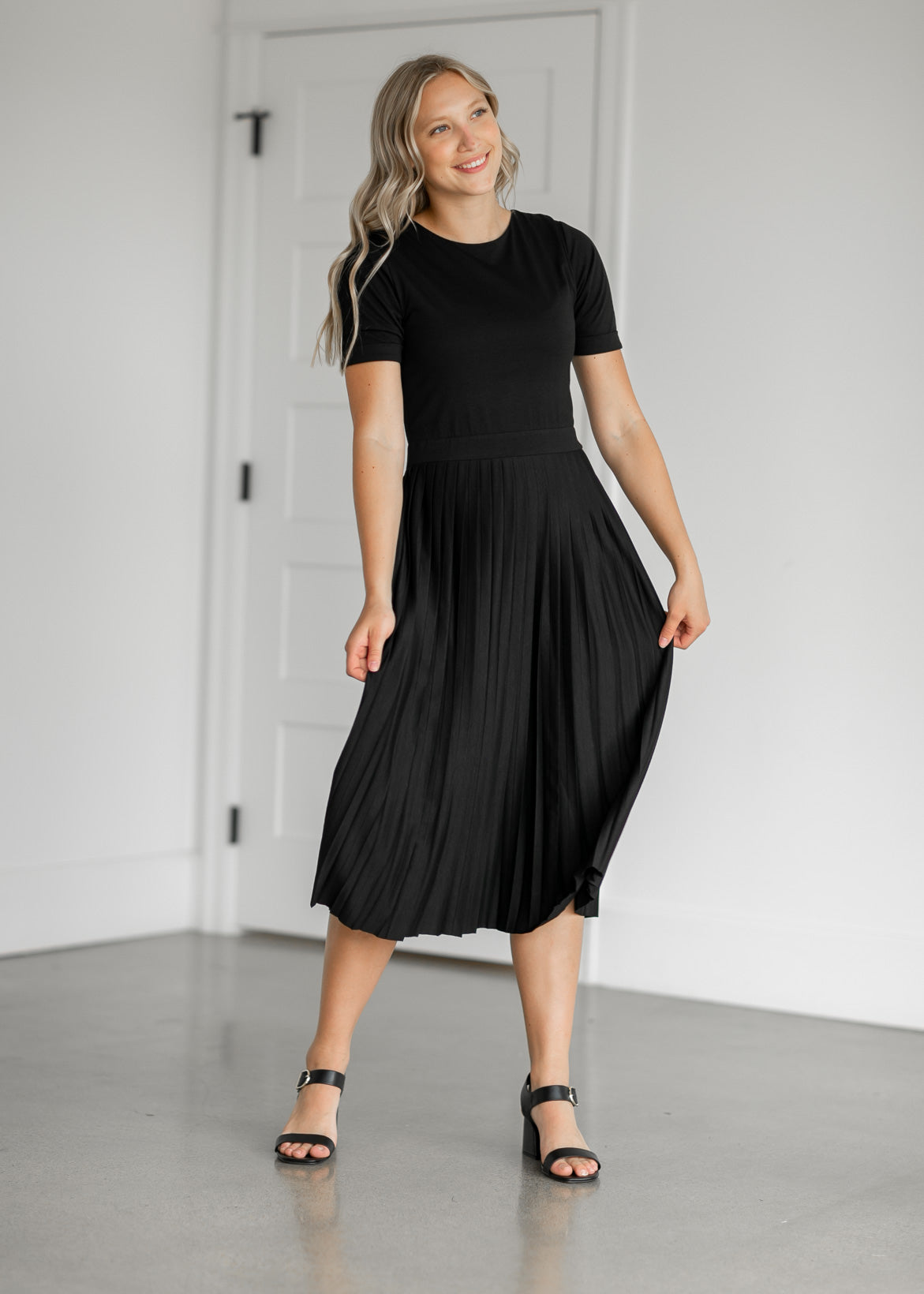 Emersyn Black Pleated Midi Dress Dresses