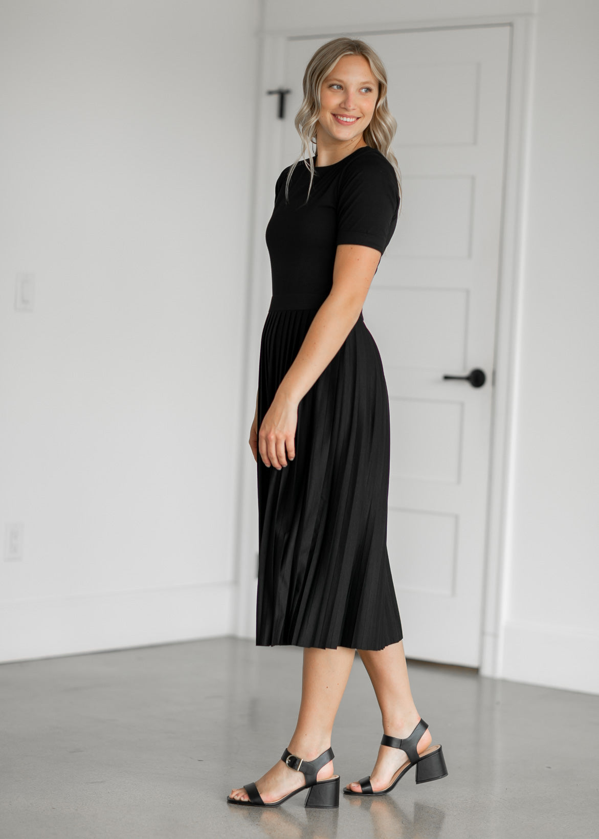 Emersyn Black Pleated Midi Dress Dresses