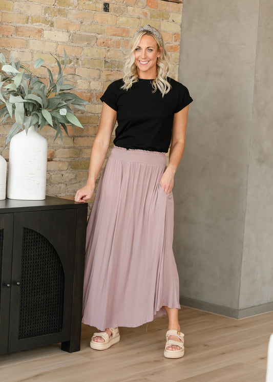 Emery Smocked Waist Curved Hem Maxi Skirt FF Skirts