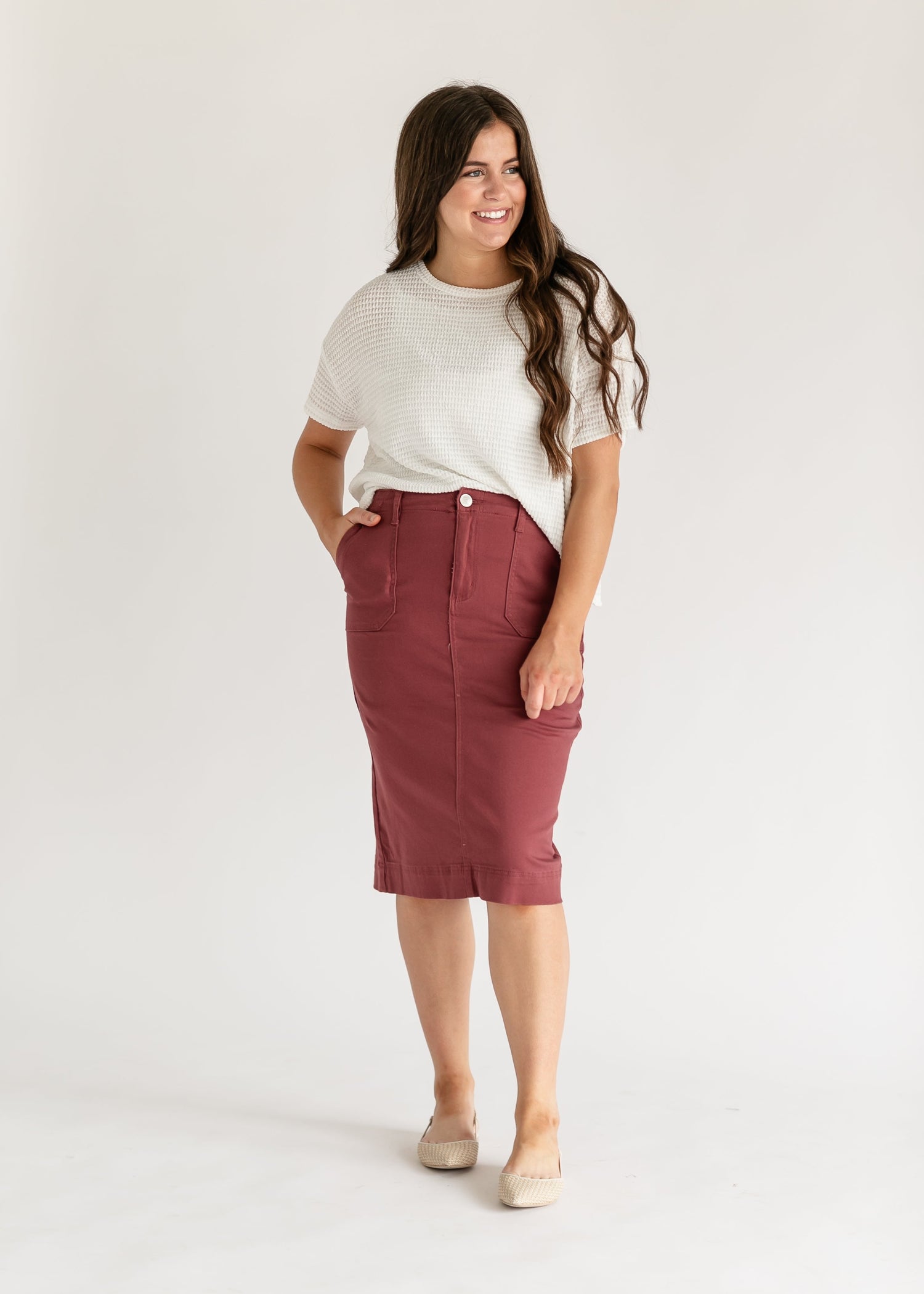 Erica Cotton Twill Midi Skirt IC Skirts Bright Burgundy / 26 Inches / 2