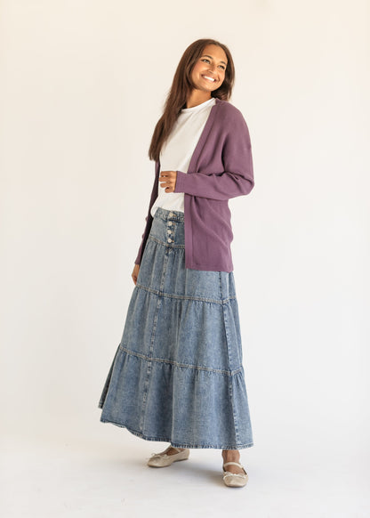 Essential Waffle Knit Cardigan FF Tops Purple / XS