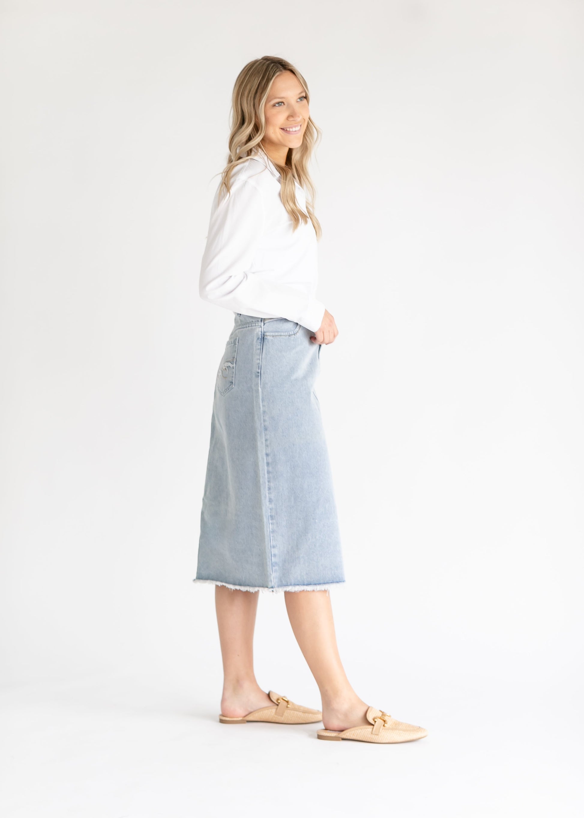 Everly Light Wash Midi Denim Skirt IC Skirts