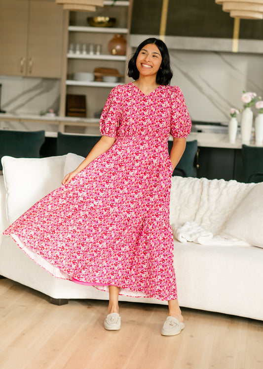 Floral Print Rose Pink Tiered Maxi Dress FF Dresses