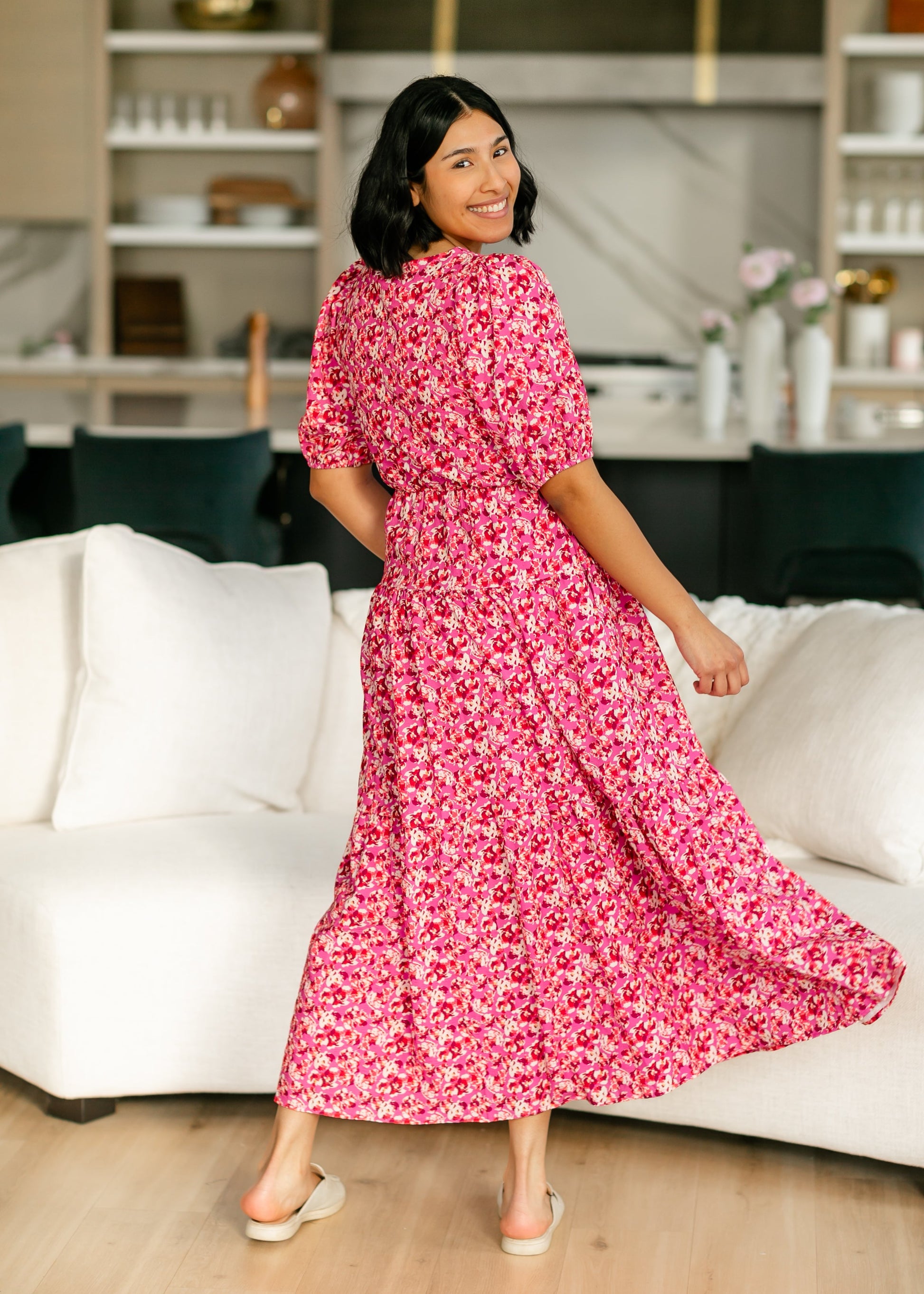 Floral Print Rose Pink Tiered Maxi Dress FF Dresses