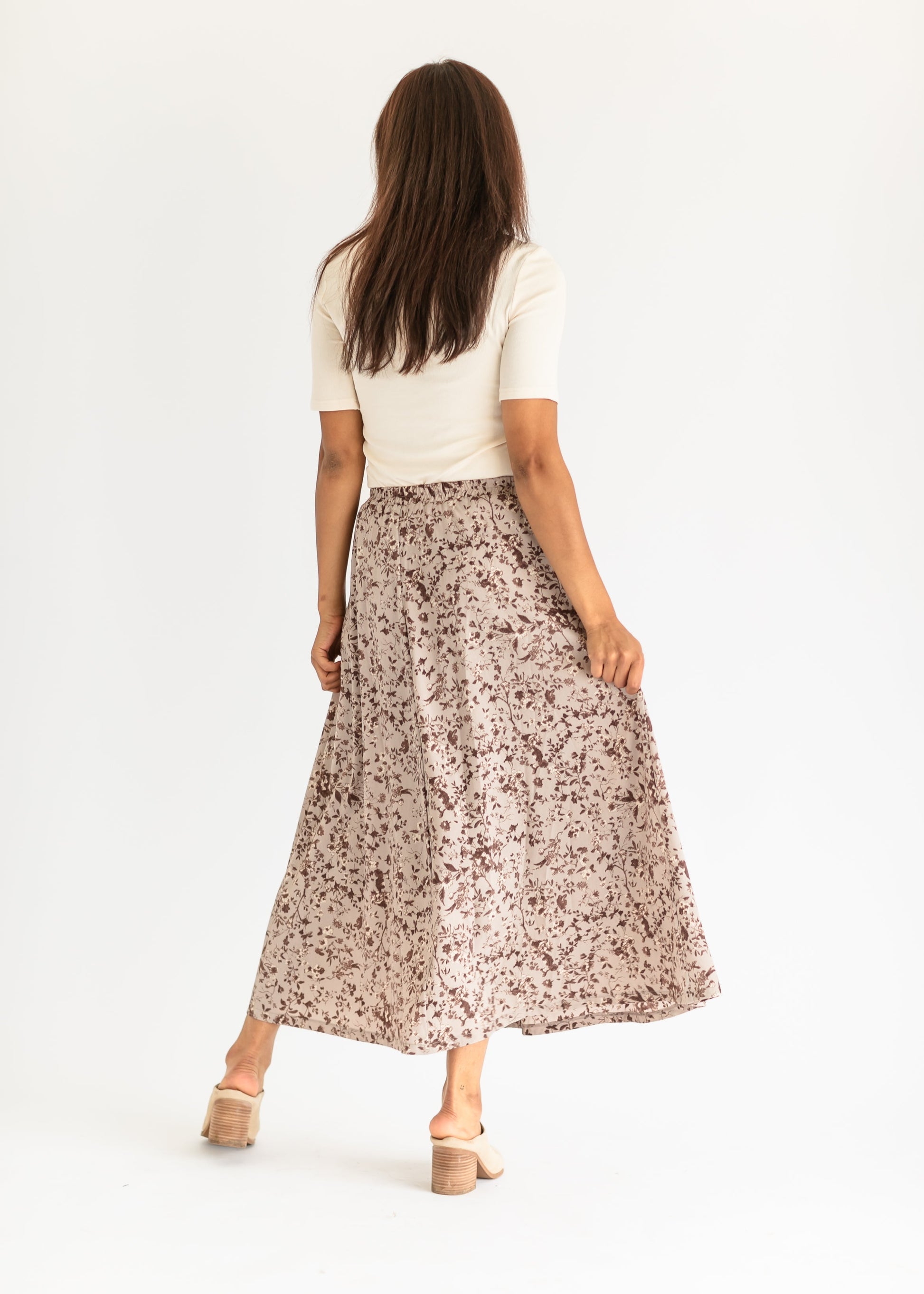 Floral Print Stretch Waist Midi Skirt FF Skirts