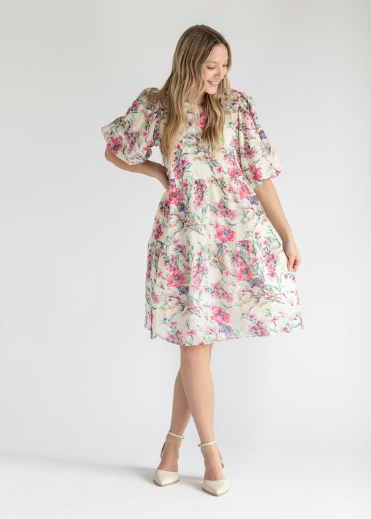 Floral Puff Sleeve Tiered Midi Dress FF Dresses