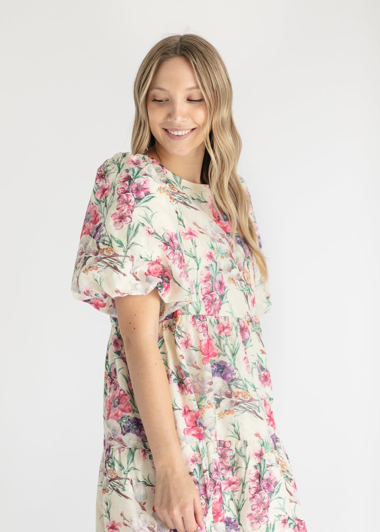 Floral Puff Sleeve Tiered Midi Dress FF Dresses