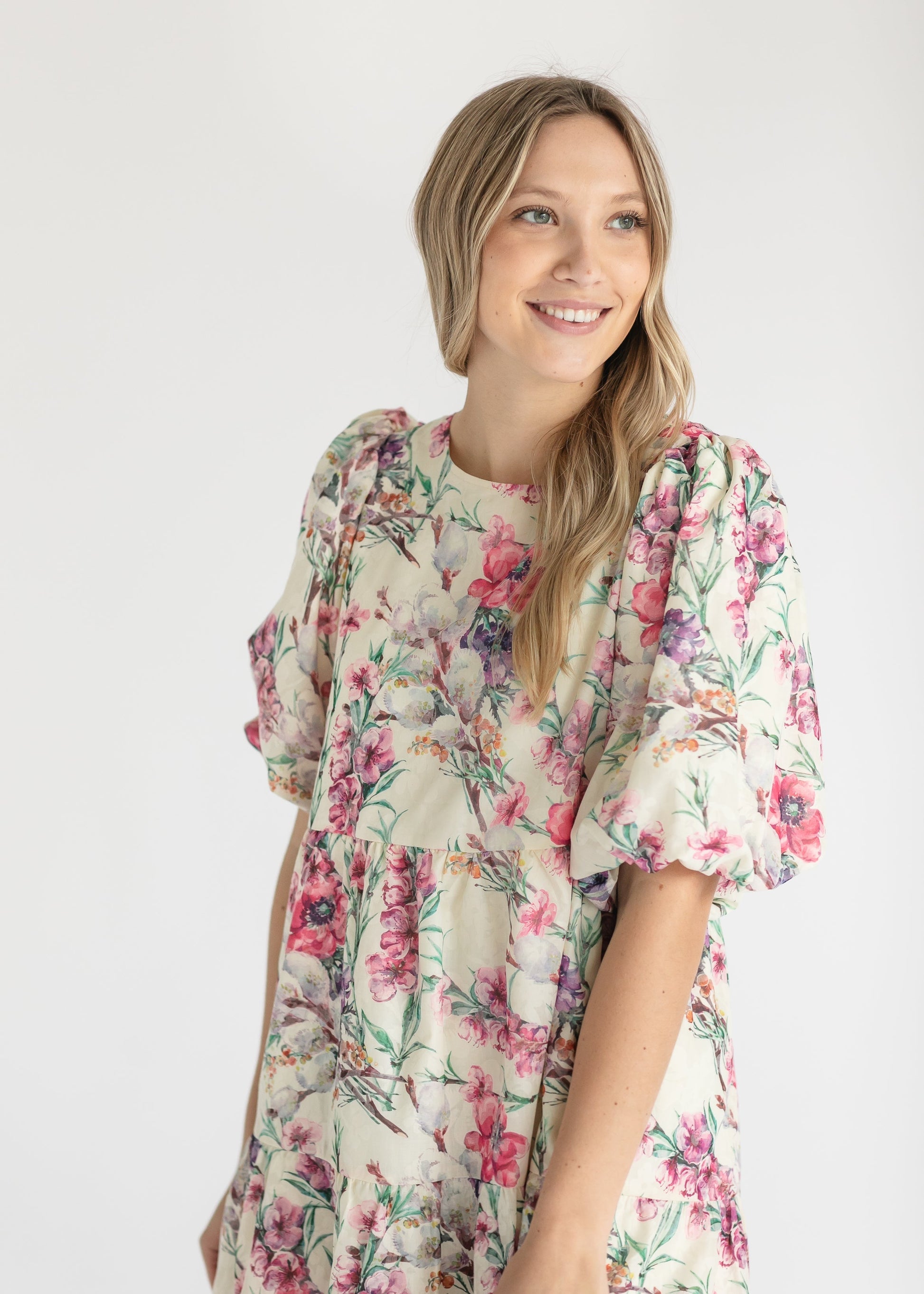 Floral Puff Sleeve Tiered Midi Dress FF Dresses