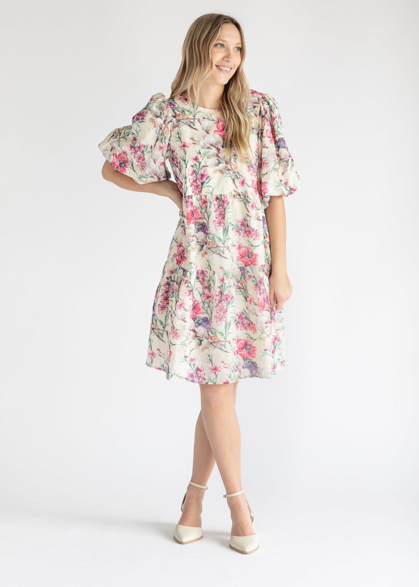 Floral Puff Sleeve Tiered Midi Dress FF Dresses