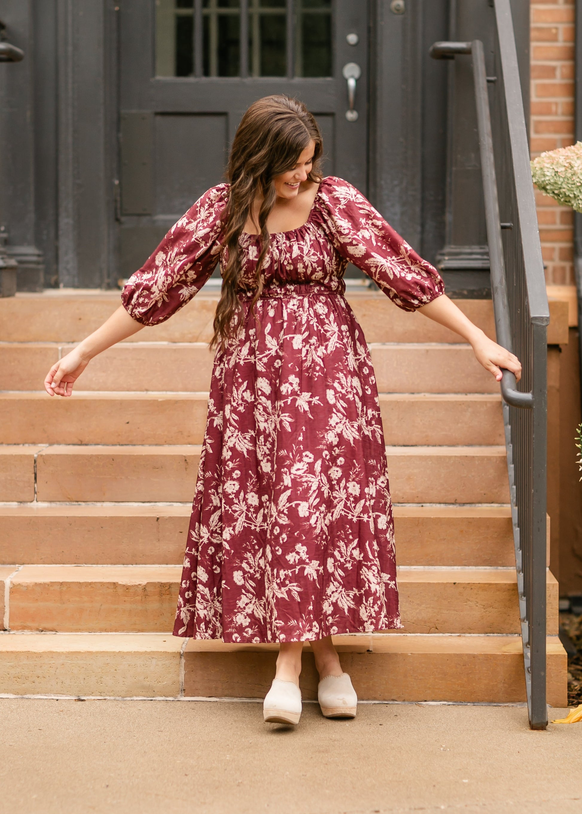 Floral Textured Print Burgundy Midi Dress FF Dresses