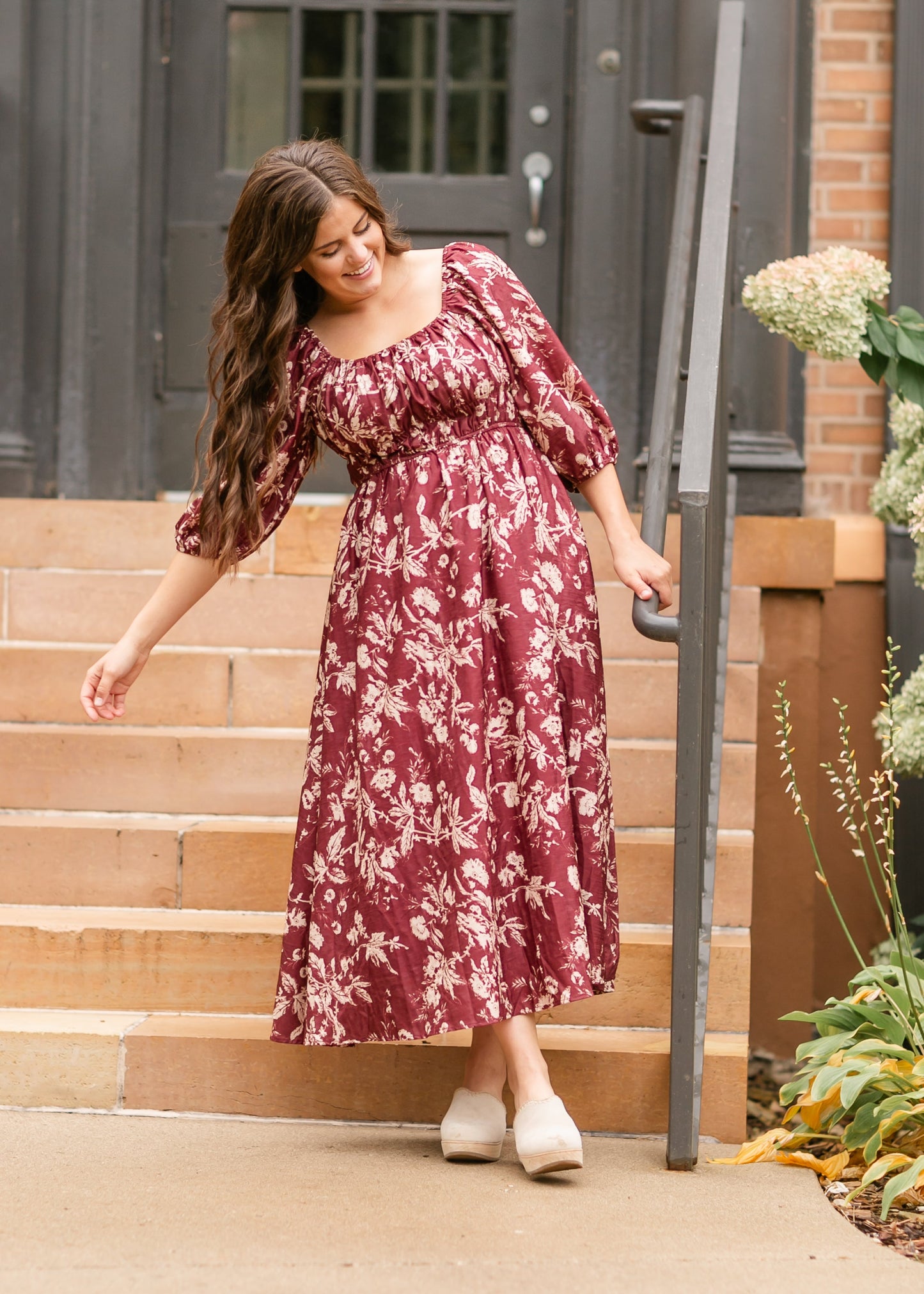 Floral Textured Print Burgundy Midi Dress FF Dresses