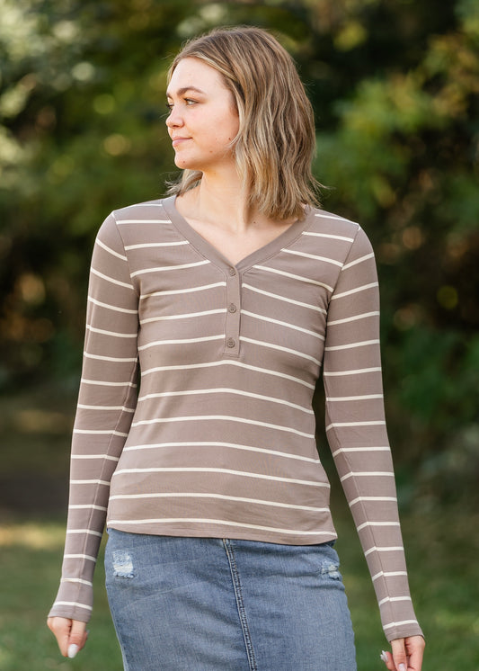 Frankie 1/4 Button Striped Long Sleeve Top FF Tops