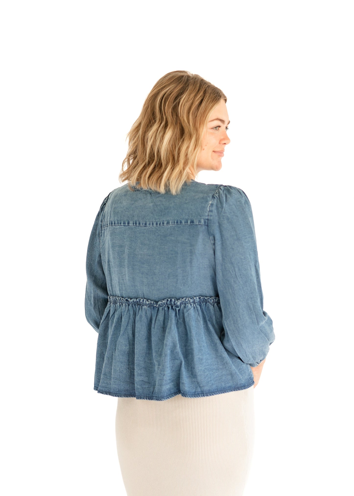 Front Tie Long Sleeve Chambray Top FF Tops