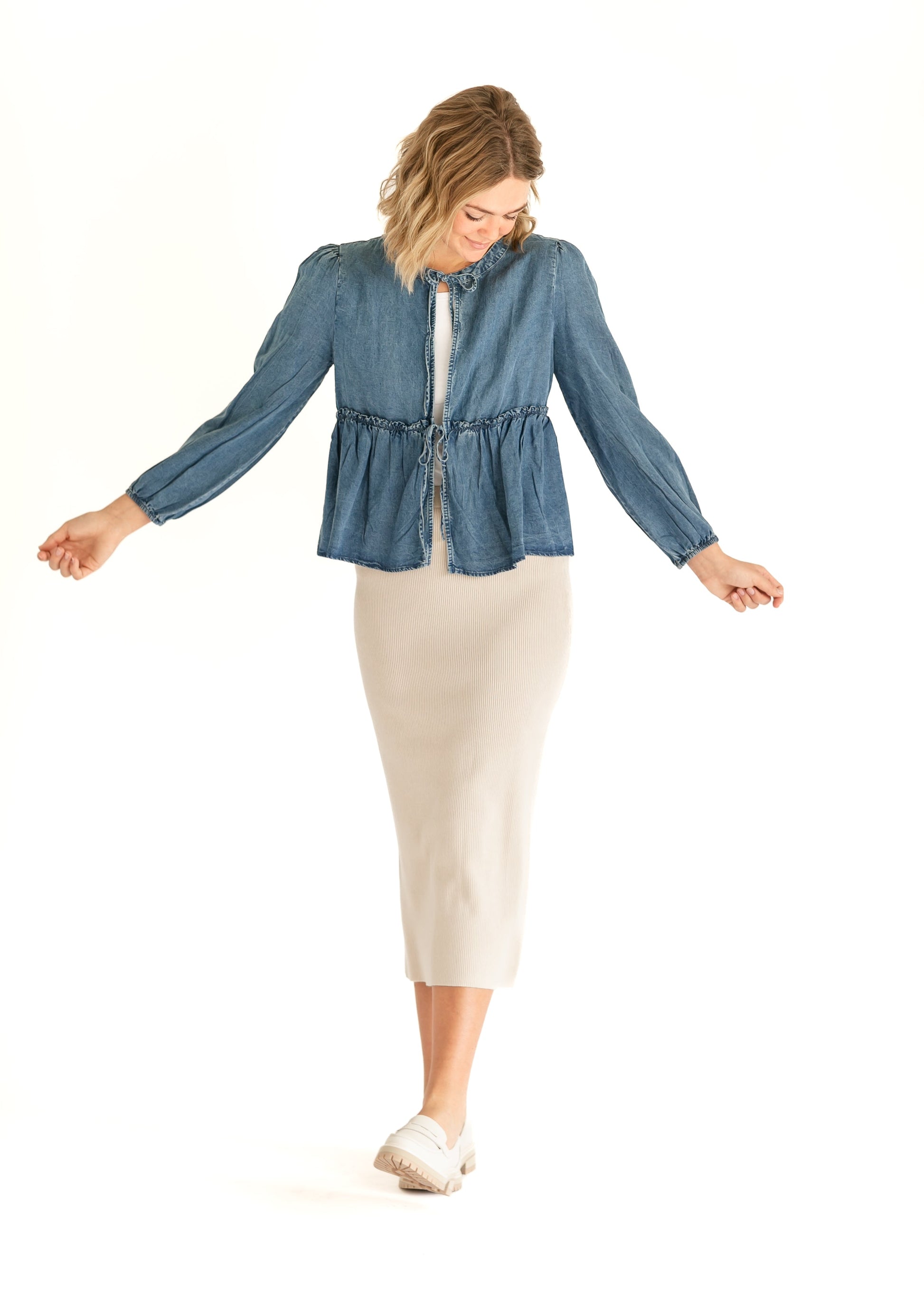 Front Tie Long Sleeve Chambray Top FF Tops